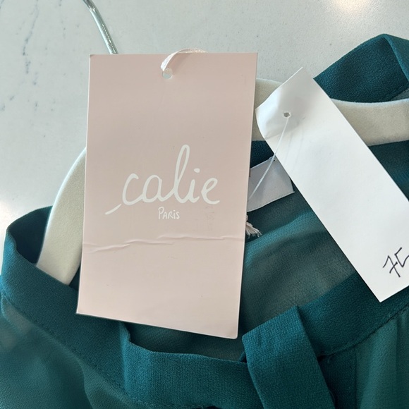 Calie Paris Green Ruffled Dress Sheer Scalloped Fabric At Chest sz.40 or M NWT - Picture 5 of 13